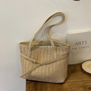 Casual summer straw tote bag with woven texture and faux leather straps for women
