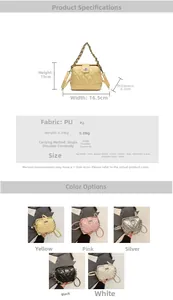 Detailed size chart for quilted chain bag showing dimensions 16.5x15x8.5cm and color options