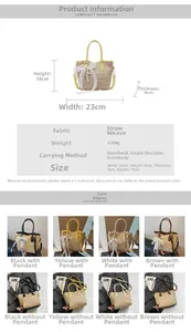 Detailed size specifications for a woven straw bucket bag with lace bow decoration