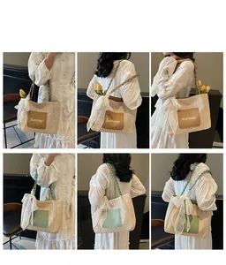 Detailed views of straw tote bag with Summer patch and lace bow in brown and green
