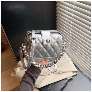 Close-up of silver quilted handbag with metallic twist lock and chunky chain handle