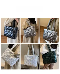 Detailed comparison of quilted nylon tote bags in black, silver, and green finishes