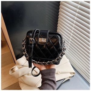 Detail of black quilted leather handbag with silver chain and metal turn-lock closure