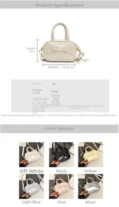 Detailed size specifications and material chart for mini bow PU crossbody bag