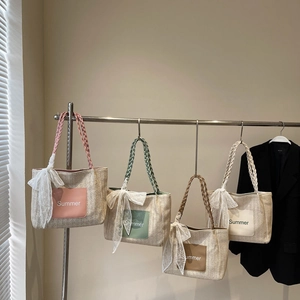 Women Fashion Straw Woven Tote Bag Large Capacity Summer Letter Print Shoulder Bag With Lace Bow Beach Vacation Handbag