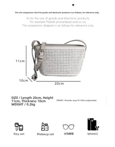 Detailed size specifications for rhinestone shoulder bag with adjustable strap and heart charm