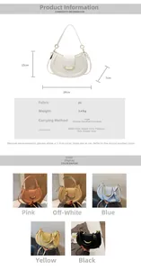 Detail view of half-moon saddle bag dimensions and color options in textured PU leather