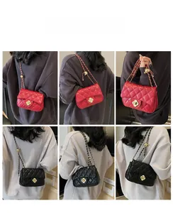 Quilted crossbody bag with chain strap and flower lock shown on various models