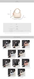 Detailed size specifications and various colors of the pleated half-moon PU crossbody bag