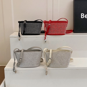 Mini Crossbody Bag PU Leather Rhinestone Studded Shoulder Handbag With Adjustable Strap Metal Pendant Fashion For Women