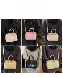 Detailed look at six stylish woven cross-body bags in white, pink, and khaki leather colors