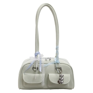 Fashionable high-capacity shoulder bag in beige faux leather with balletcore ribbons