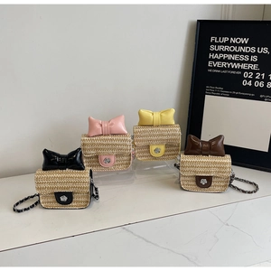 Mini Sac Bandoulière Paille Tissée Cuir PU Gros Nœud Serrure Fleur Style Coréen Doux Filles Sac À Main Été