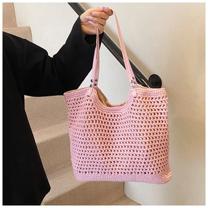 Pink woven hollow tote bag with PU leather shoulder straps and soft inner lining
