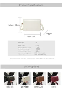 Size chart showing 19x13x7cm dimensions and features for the minimalist PU crossbody bag