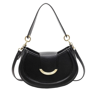 Minimalist black lychee leather crescent saddle bag with gold metal buckle