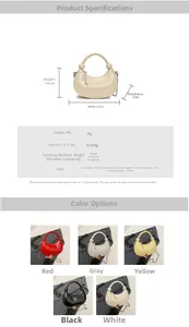 Detailed size chart and multi-color display of half-moon PU handbags with knot handle