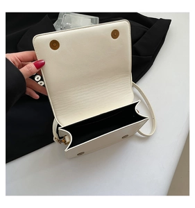 Detail of cream square crossbody bag featuring dual gold magnetic buckles and interior space
