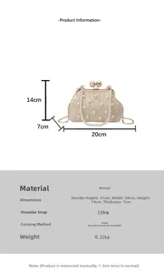 Detailed size specifications for beige woven pearl bag 20cm x 14cm with dimensions and strap