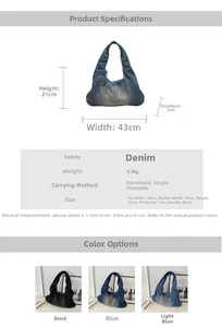 Detailed size chart and dimension specs for denim patchwork shoulder bag with straps