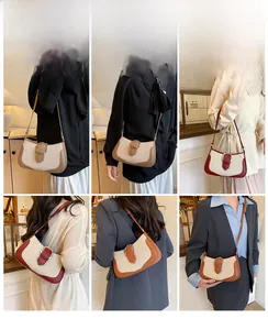 Detailed views of vintage patchwork shoulder bags in brown, burgundy, and caramel colors