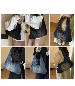 Collage showing stylish patchwork denim shoulder bag in three vintage wash colors
