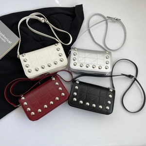 Women Crossbody Bag PU Leather Quilted Geometric Small Square Shoulder Bag With Metal Rivets Punk Fashion For Ladies