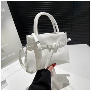 White litchi pattern leather tote bag with silver hardware and adjustable shoulder strap