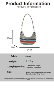 Detailed dimension chart showing size and weight for the striped knitted shoulder bag