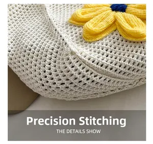 Detail showing the precision stitching and woven hollow texture of the floral tote bag