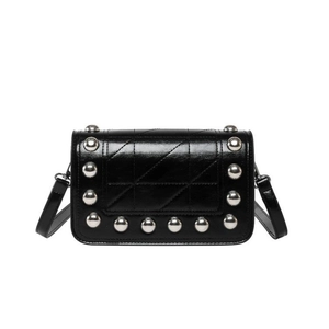 Chic black quilted crossbody bag with silver studs and minimalist square flap design