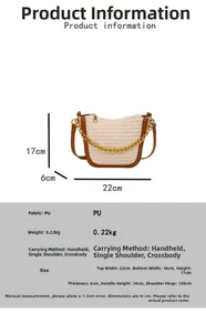 Detailed size specifications for a woven PU shoulder bag with dimensions and strap info