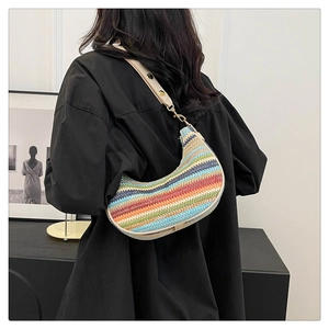 Rainbow striped woven crescent bag with adjustable beige leather strap and metal buckle