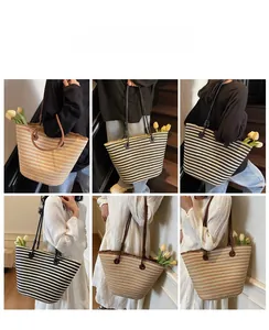 Detail shots of striped straw tote bags in black and brown with leather handles