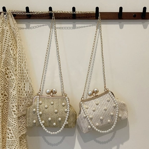 Woven Straw Evening Bag With Artificial Pearls Metal Chain Strap Vintage Clutch Handbag For Women Summer Vacation Party Elegant