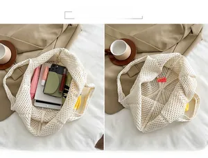 Detail of white woven mesh tote bag showing large capacity for phone and accessories