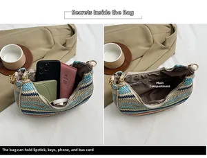 Detail view of colorful striped straw bag showing large capacity for phone and wallet
