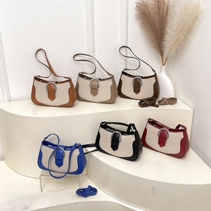 Women Retro Handbag Canvas PU Leather Stitching Underarm Shoulder Crossbody Bag Color Block Square Bag Metal Buckle