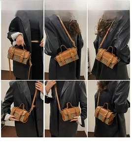 Collage of model showcasing versatile houndstooth crossbody bag with brown leather accents