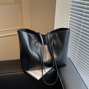 Minimalist matte black faux leather tote bag for women with large capacity and shoulder strap