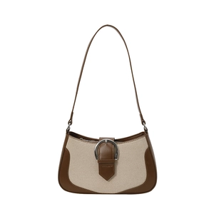 Minimalist canvas and leather patchwork shoulder bag with vintage silver metal buckle