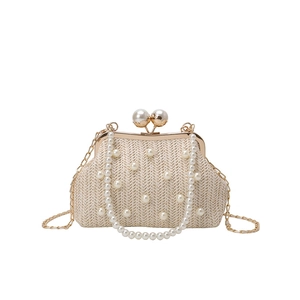 Elegant woven pearl handbag with metallic frame closure and gold chain strap for parties