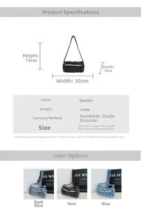 Tableau des tailles détaillé pour sac cylindre en jean disponible en trois coloris
