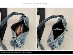 Vue détaillée de l'intérieur du sac en jean montrant l'espace pour téléphone et portefeuille