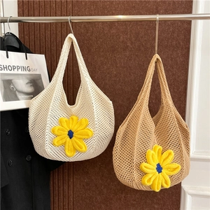 Crochet Knit Tote Bag Large Capacity Hollow Out Shoulder Hobo Handbag With Sunflower Decoration Summer Beach Casual Women