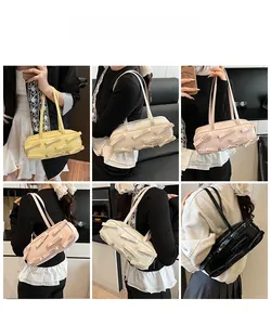 Model showing stylish bow-knot shoulder bags in yellow, beige, pink and black colors