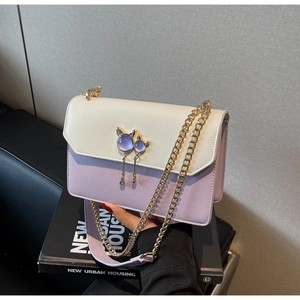 Détail du sac bicolore à chaîne avec fermoir chat en métal et ornements à glands