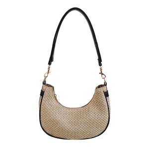 Minimalist straw woven crescent shoulder bag with black strap and gold zipper hardware