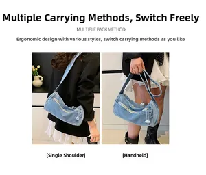 Détail du sac cylindre en jean bleu montrant les styles porté épaule et main