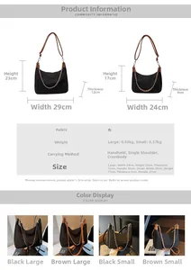 Detailed size guide for large and small canvas shoulder bags with dimensions and weights